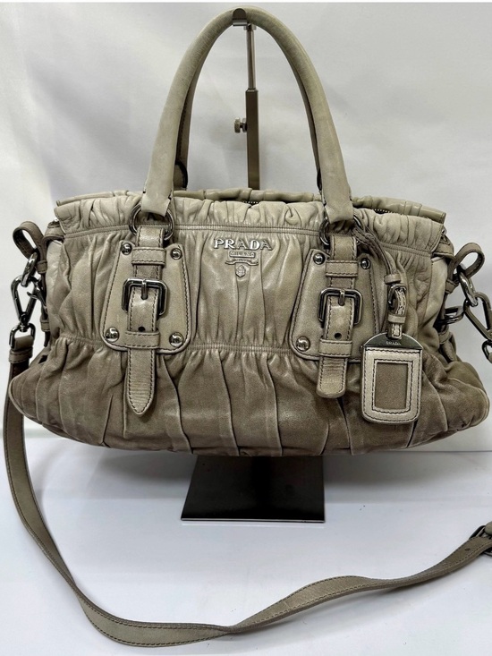 Prada Handbags - Prada Taupe Ruched Leather Shoulder Satchel with Removable Strap